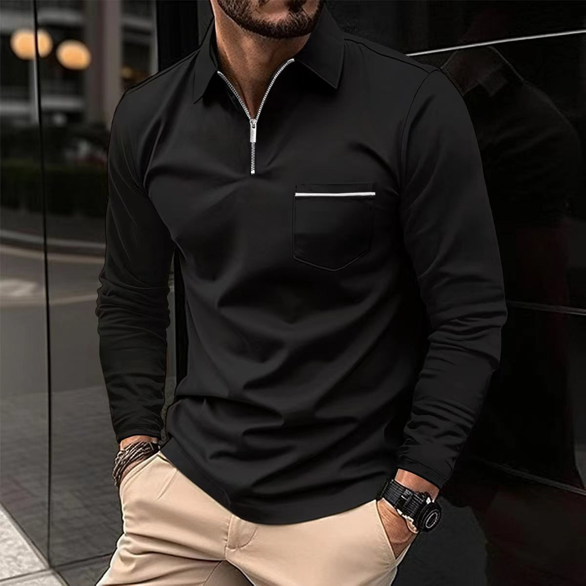 Men's Long-Sleeve Zippered Polo – Elegant Front Pocket