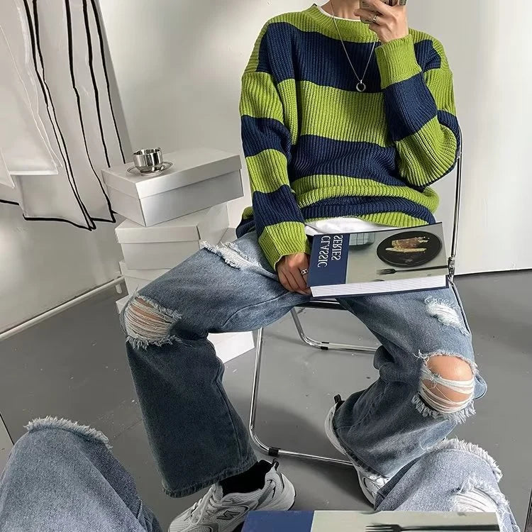 Men's Striped Sweater – Crew Neck, Loose Fit