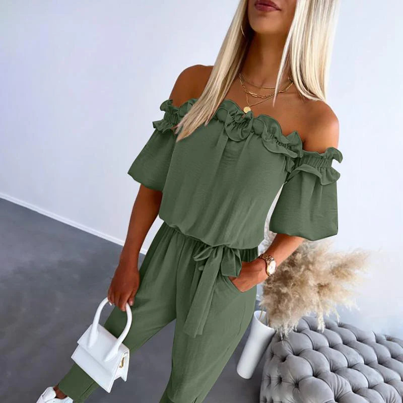 Women's Jumpsuit Smooth Fabric – Off-Shoulder, Ruffles, Tapered Fit