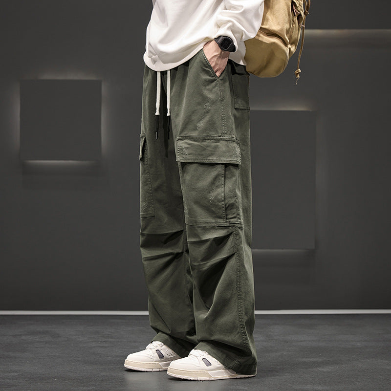 Men's Wide Cargo Pants – Lightweight Textured Fabric with Elastic Waistband