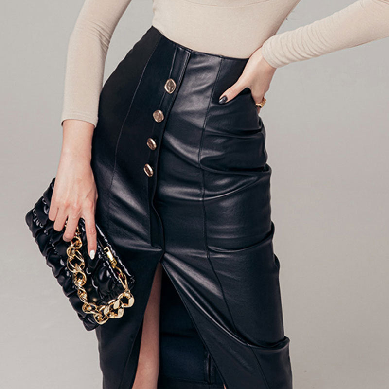 Women's Faux Leather Midi Skirt – Buttons and Front Slit