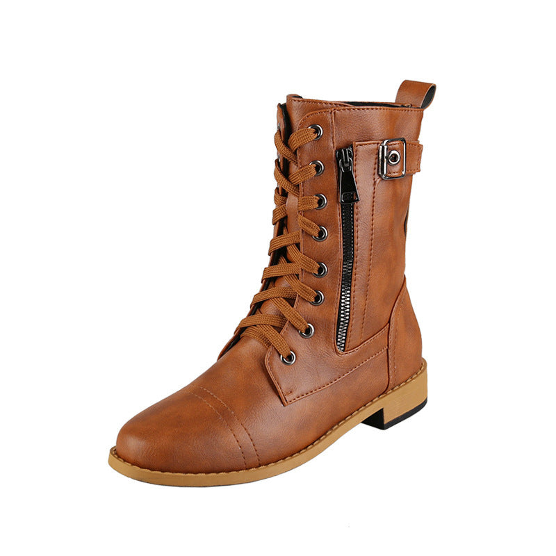 Women's Vegan Leather Lace-Up Boots - Side Zip & Buckle