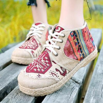 Women's Embroidered Cotton Canvas Sneakers – High-Top Ethnic Pattern