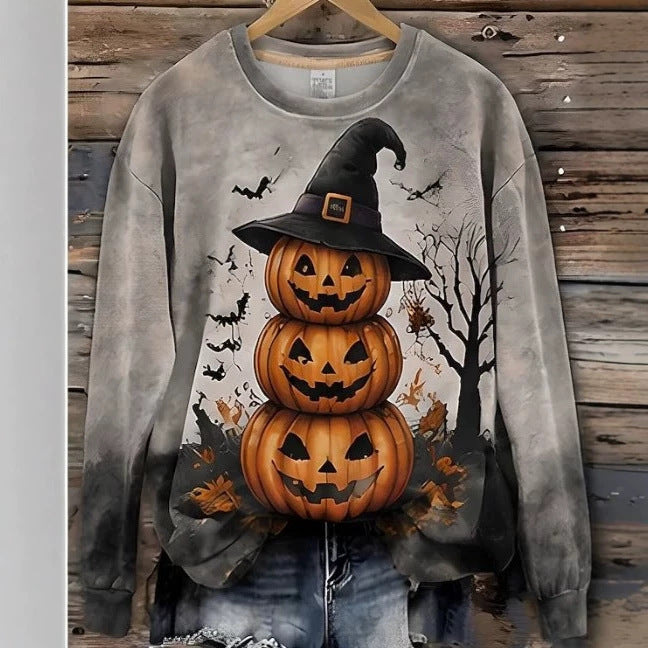 Women's Round-Neck Hoodie – Artistic Halloween Print