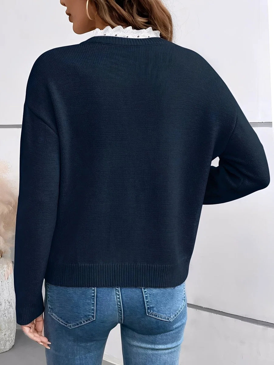 Women's V-Neck Lace Knitwear Sweater – Elegant Casual Fit