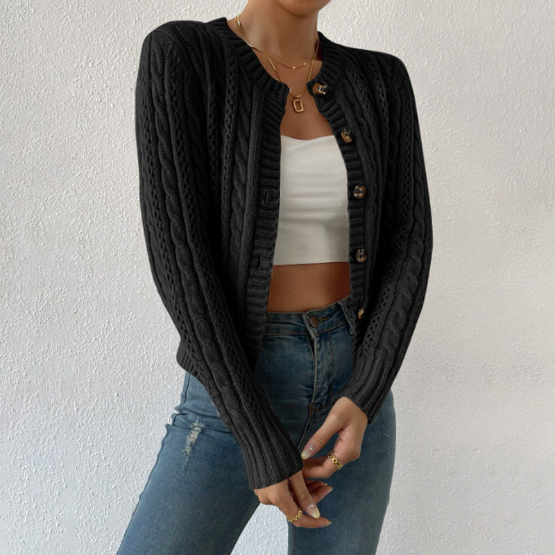 Women's Twisted-Knit Round-Neck Cardigan – Elegant Long Sleeve