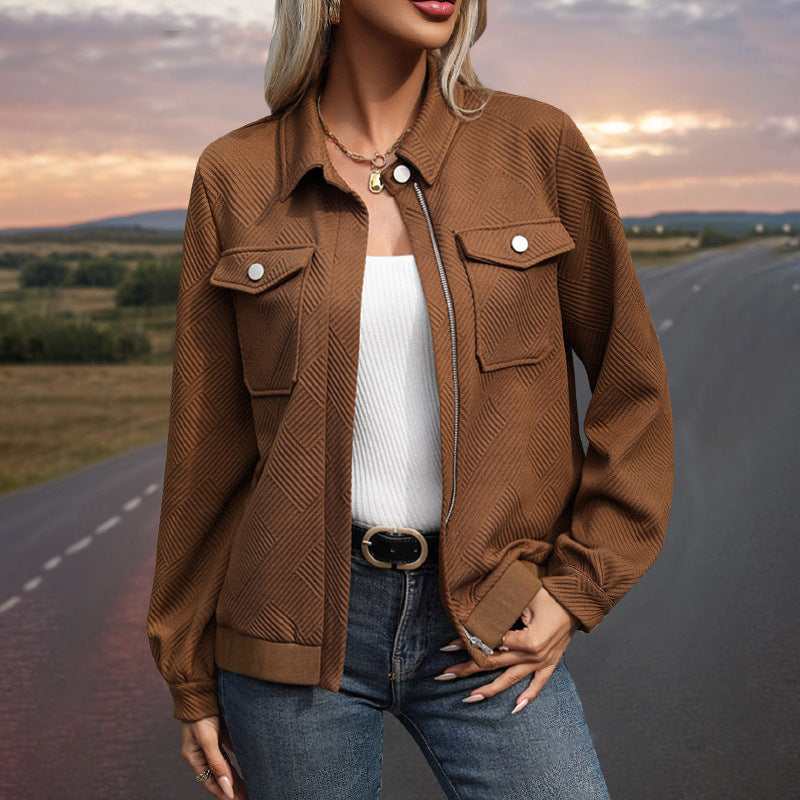 Women's Short Jacket - Textured Diamond-Pattern Fabric, Relaxed Fit
