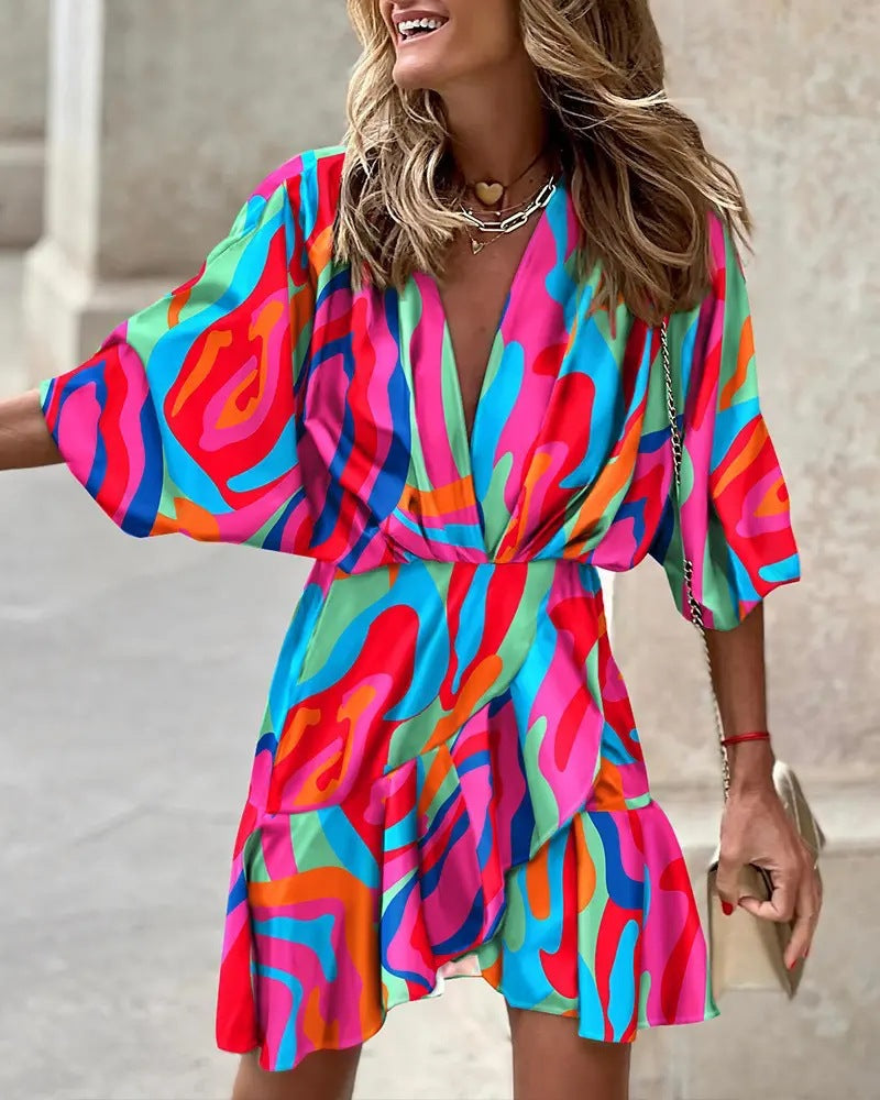 Women's Mini Dress – Puff Sleeves, V-Neckline, Asymmetrical Hem