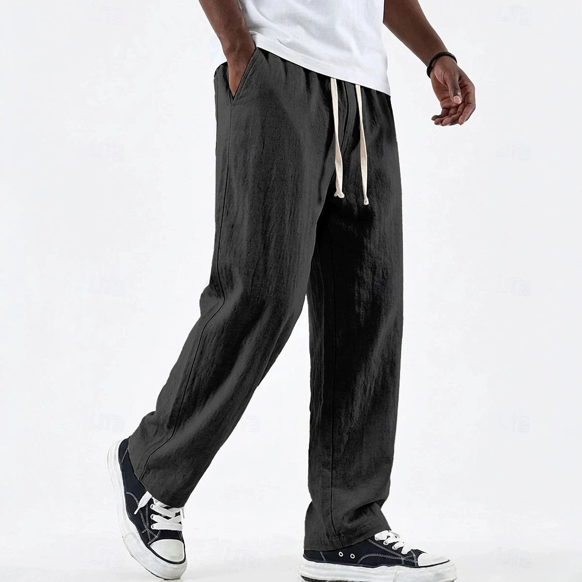 Men's Wide Cotton-Linen Pants – Loose Fit with Drawstring Waist