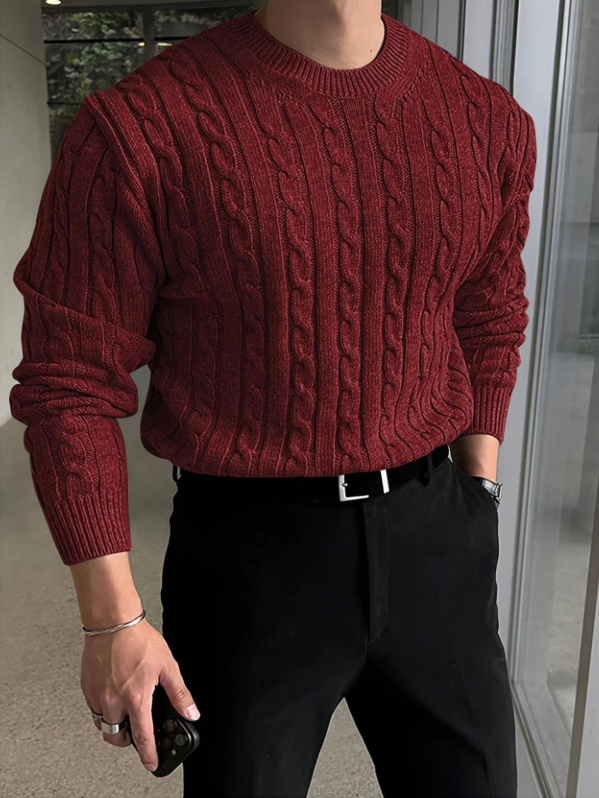 Men's Turtleneck Sweater – Thick Knit with Textured Pattern