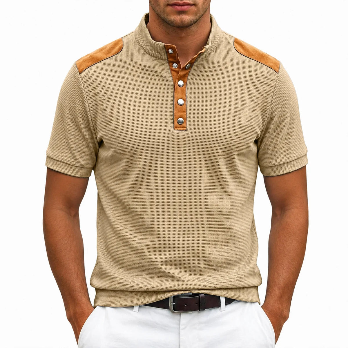 Men's Buttoned Stand-Collar T-shirt – Contrasting Panel Detail