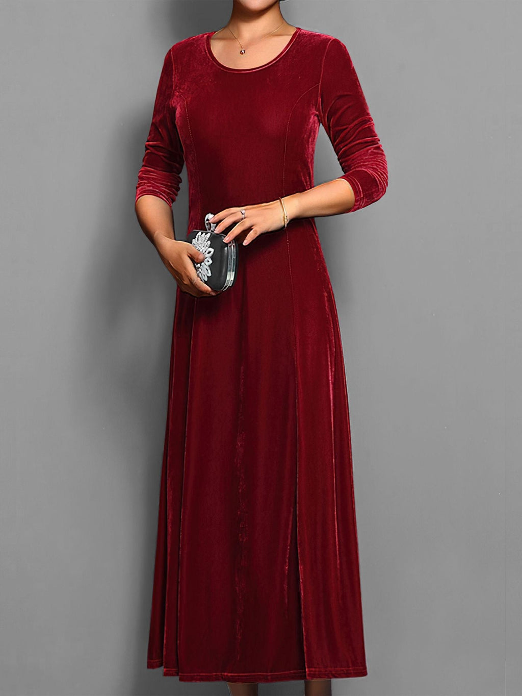 Women's Long Velvet Dress – A-Line Fit, Elegant 3/4 Sleeves
