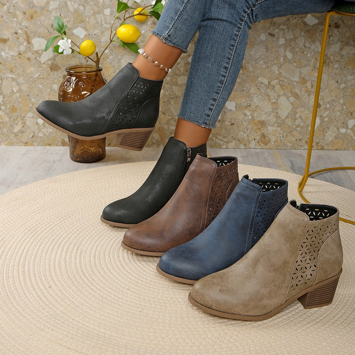 Women's Low-Heel Ankle Boots – Modern Cutouts and Side Zip