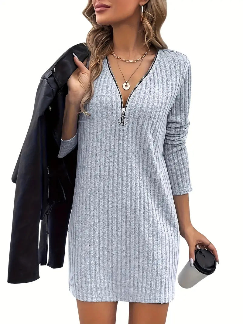 Women's Ribbed Knit Mini Dress – Zipped Neckline, Relaxed Fit