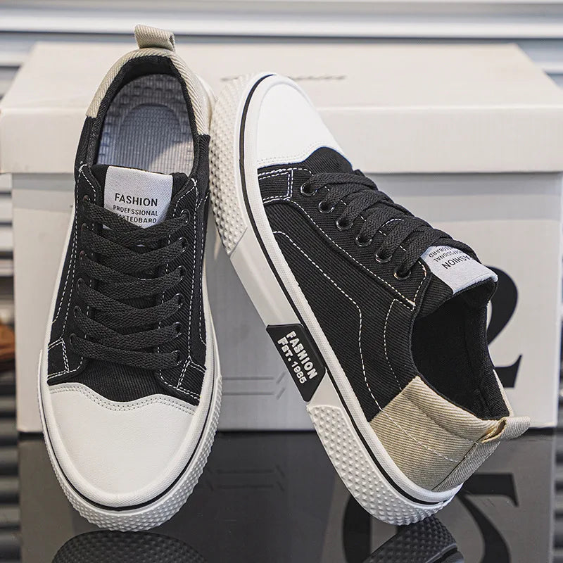 Men's Canvas Sneakers – Textured Finish, Contrasting Panel, Low Design