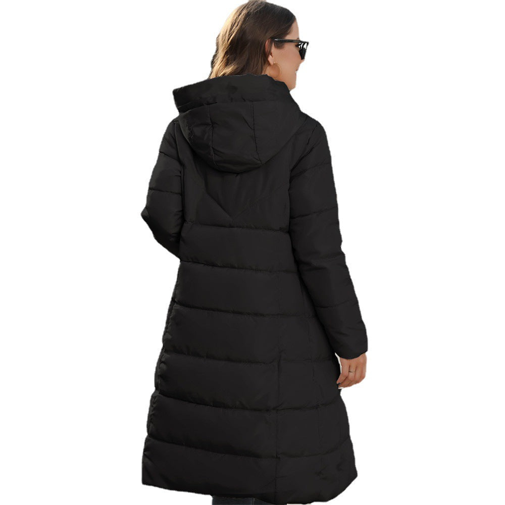 Women's Mid-Length Hooded Quilted Coat – Slim Fit, Side Pockets