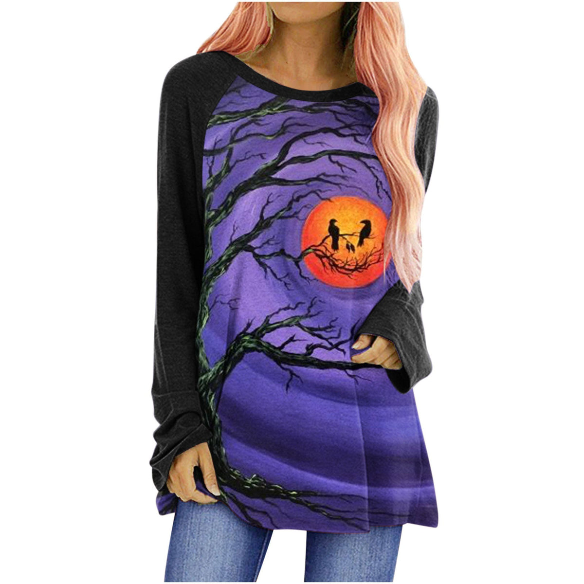 Women's Long-Sleeved Halloween Top - Casual Crew Neck with Graphic Design