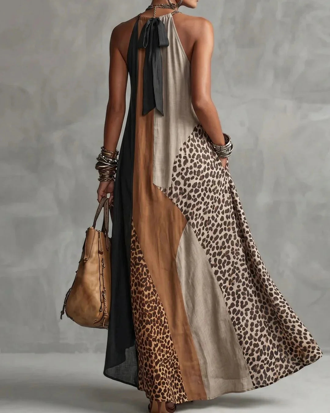 Women's Long Sleeveless Dress – Leopard Print, Flowing Fit