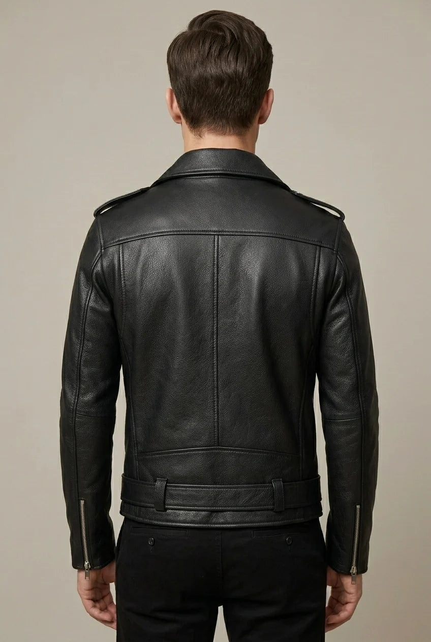 Men's Biker Jacket in Cowhide Leather – Asymmetrical Closure, Belted Waist