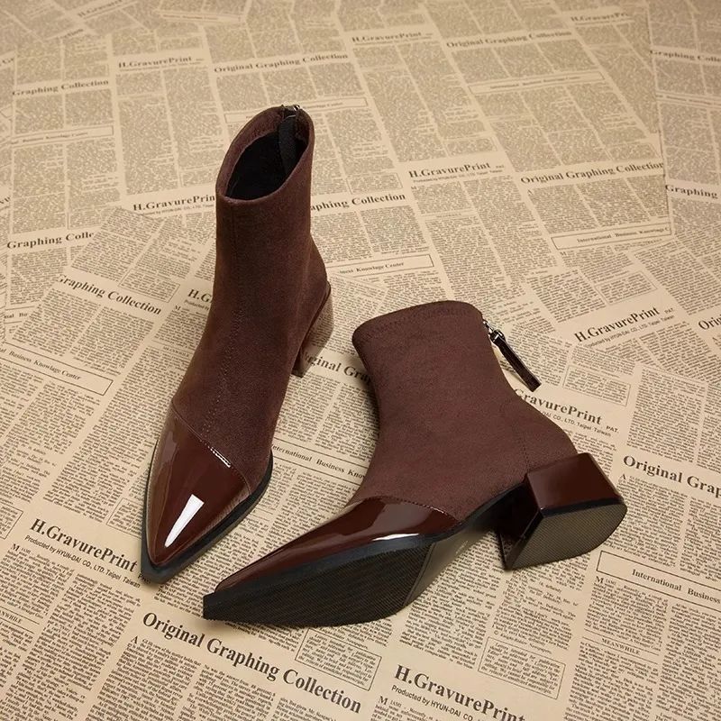 Women's Ankle Boots with Wide Heel – Pointed Toe, Low Shaft