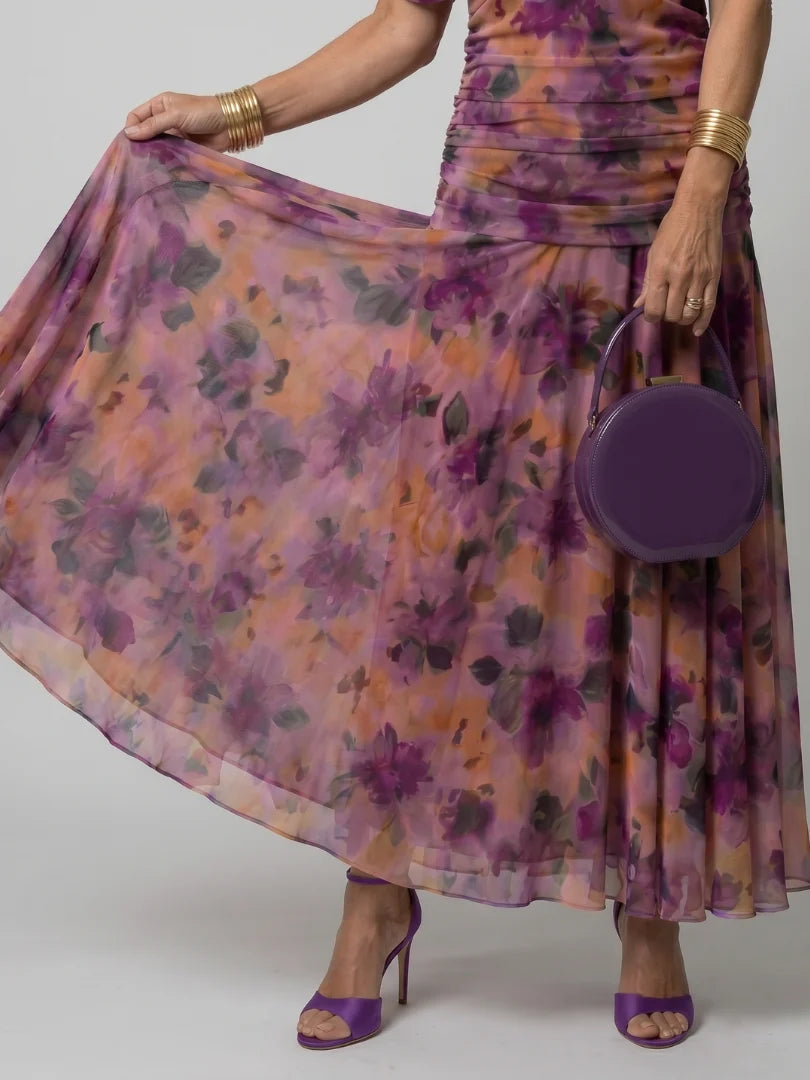 Women's Maxi Chiffon Dress – V-Neck Print, Short Sleeves
