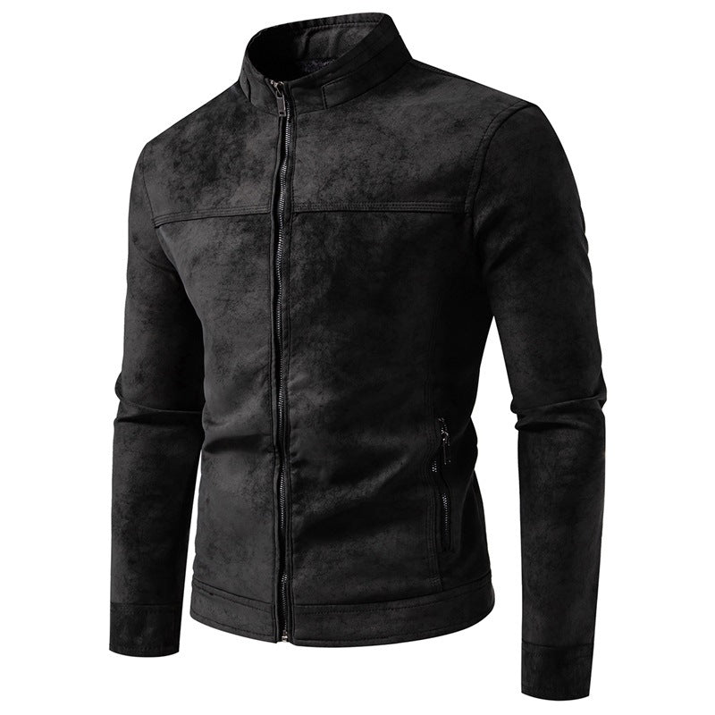 Men's Retro Faux Leather Bomber Jacket – Stand Collar, Relaxed Fit