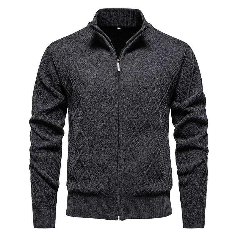 Men's Cardigan with Stand Collar - Zip Closure and Side Pocket