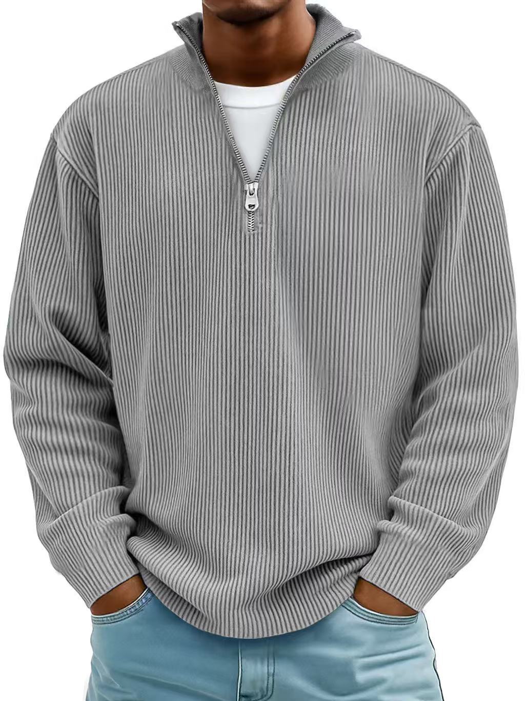 Men's High-Neck Zippered Sweater – Ribbed Knitwear, Versatile Look
