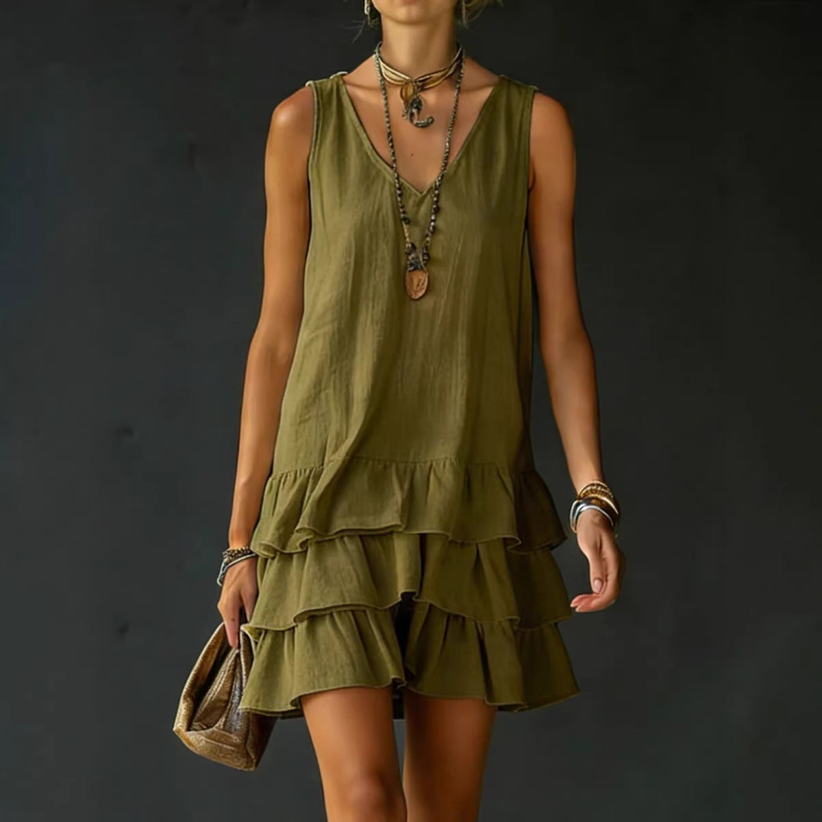 Women's Mini Dress – Lightweight Textured Fabric Sleeveless with Ruffles
