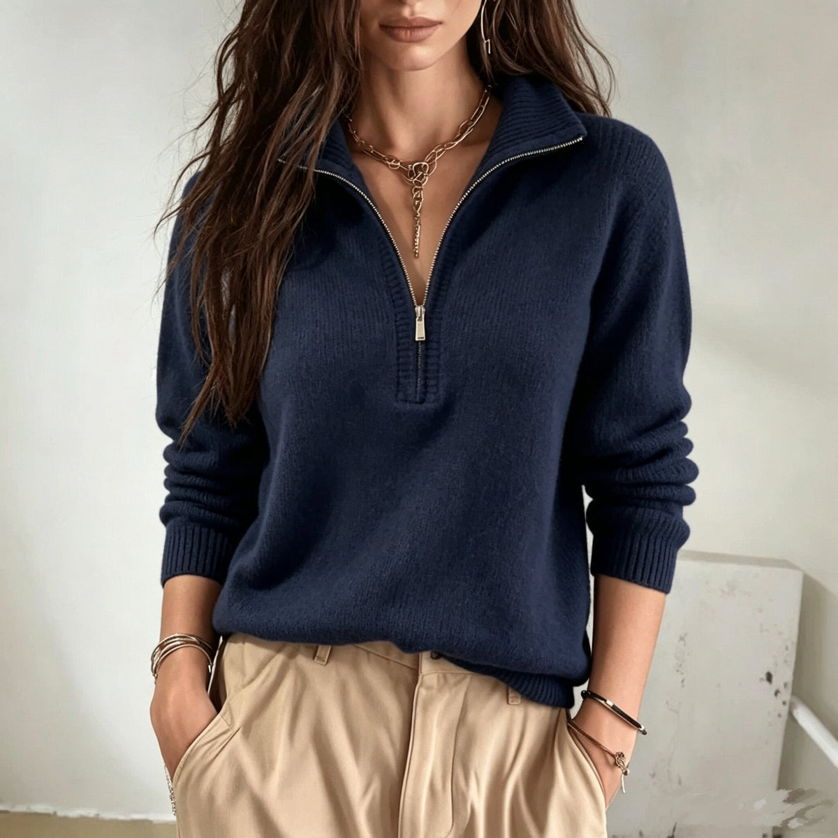 Women's Zip-Up High-Neck Sweater – Casual Knitwear Fit