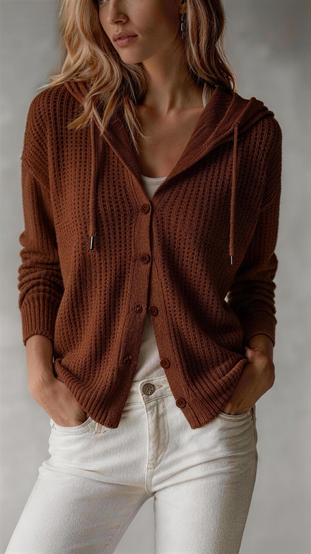 Women's Hooded Knitwear Vest – Relaxed Fit, Button Closure
