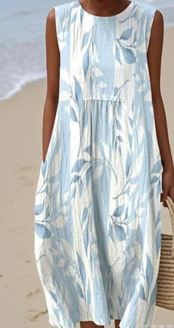 Women's Sleeveless Midi Dress – Casual Fit Elegant Print