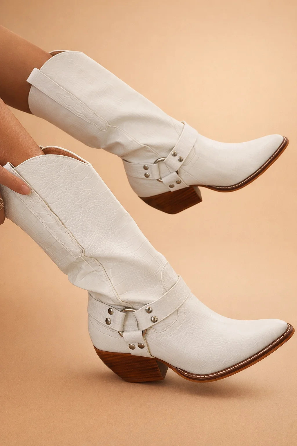 Women's Western Boots – Textured Leather-Look Shaft, Decorative Strap