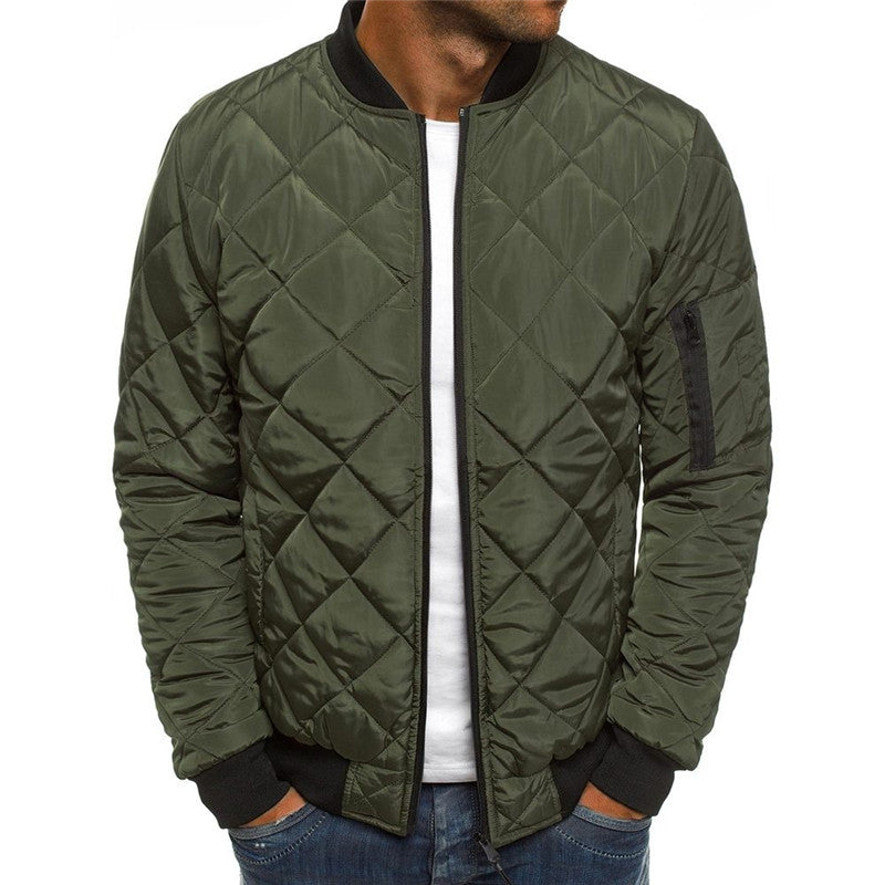 Men's Quilted Bomber Jacket – Stand Collar with Diamond Pattern