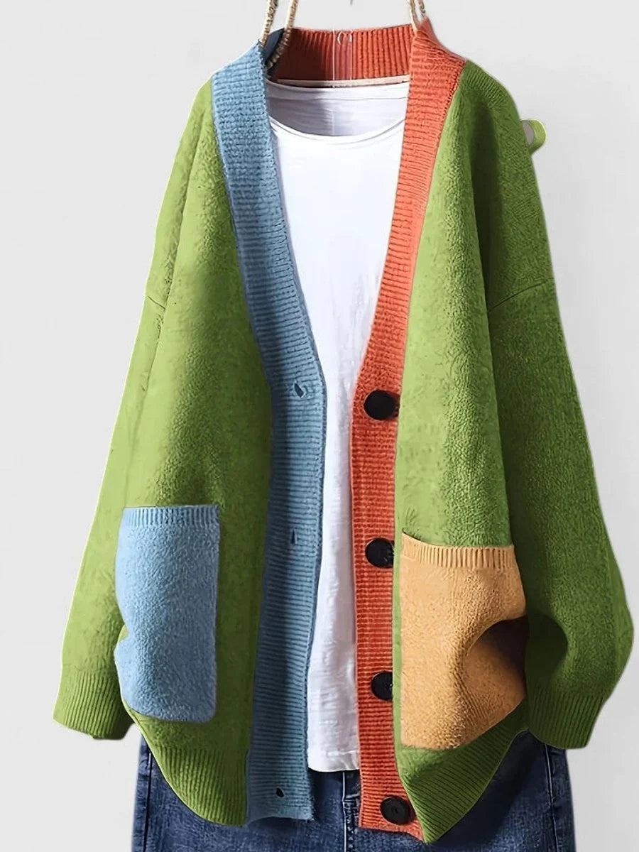 Women's Oversized Cardigan V-Neck – Casual Buttoned Patchwork