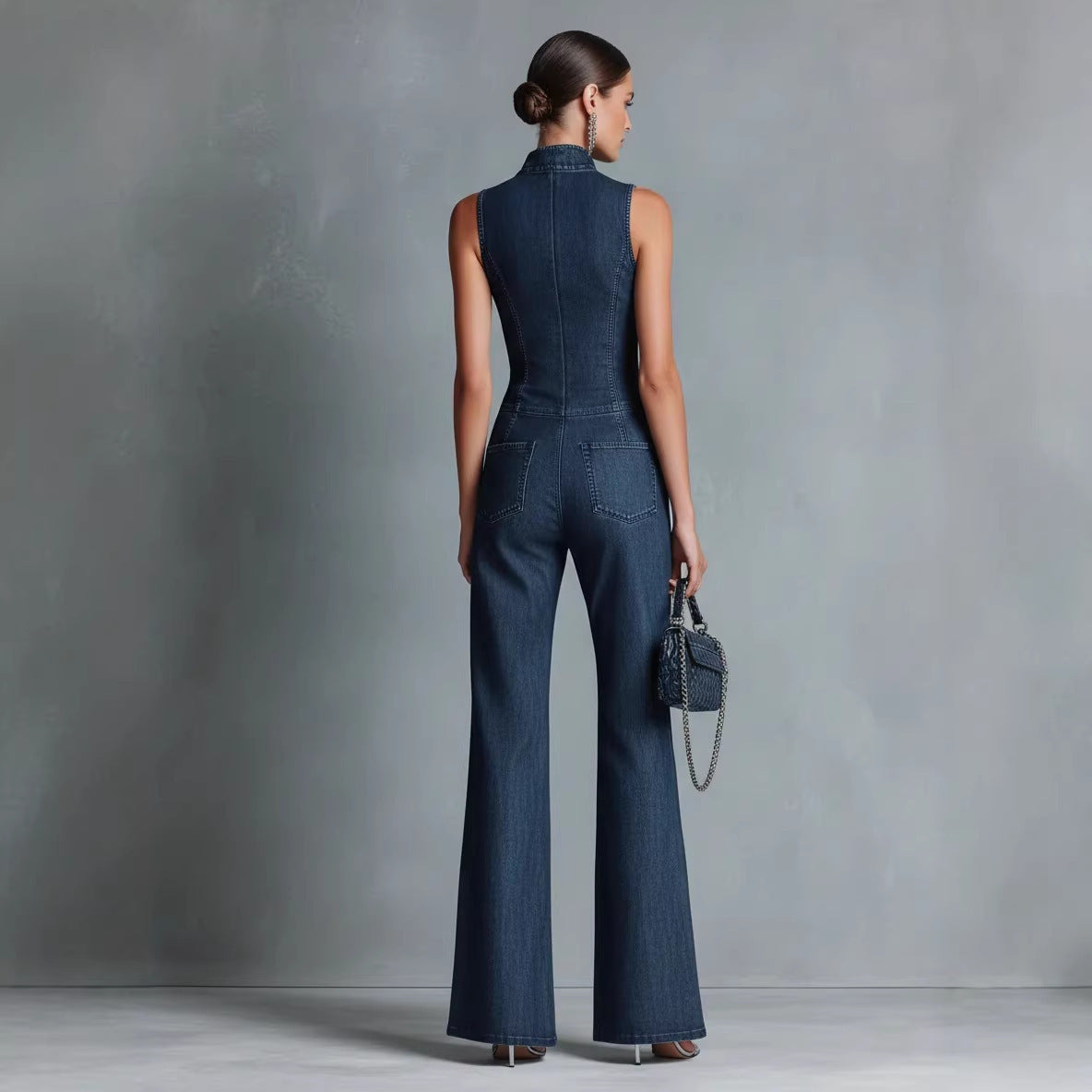 Women's Denim Jumpsuit – Fitted Cut Sleeveless with Stand Collar and Zip