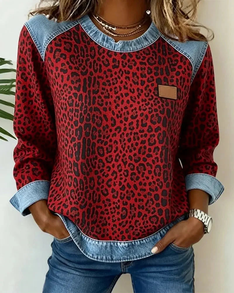 Women's Patchwork Sweatshirt – Crew Neck, Embossed Floral Pattern