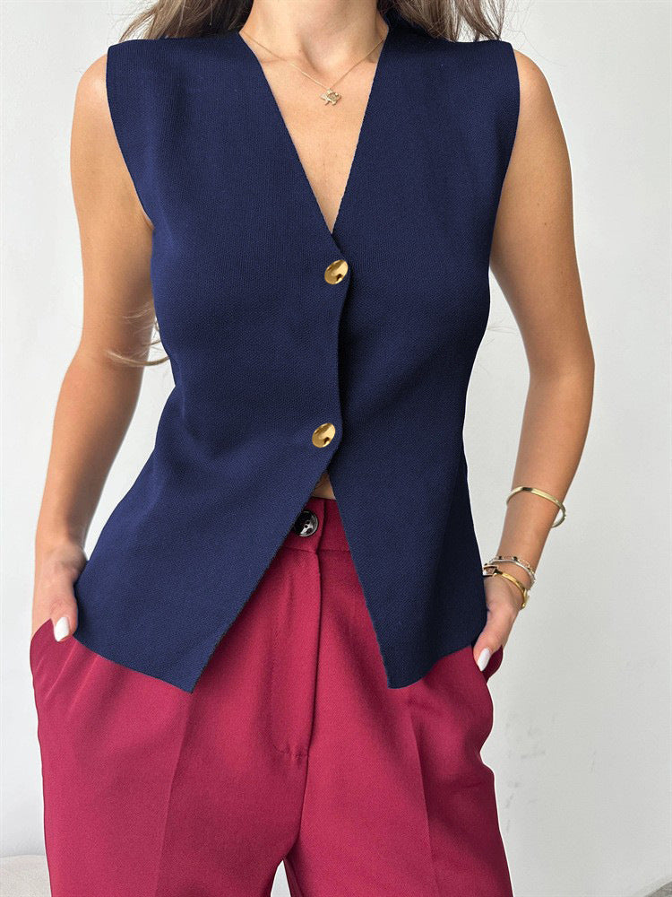 Women's Sleeveless Knitted Vest – Metal Buckle and Slit
