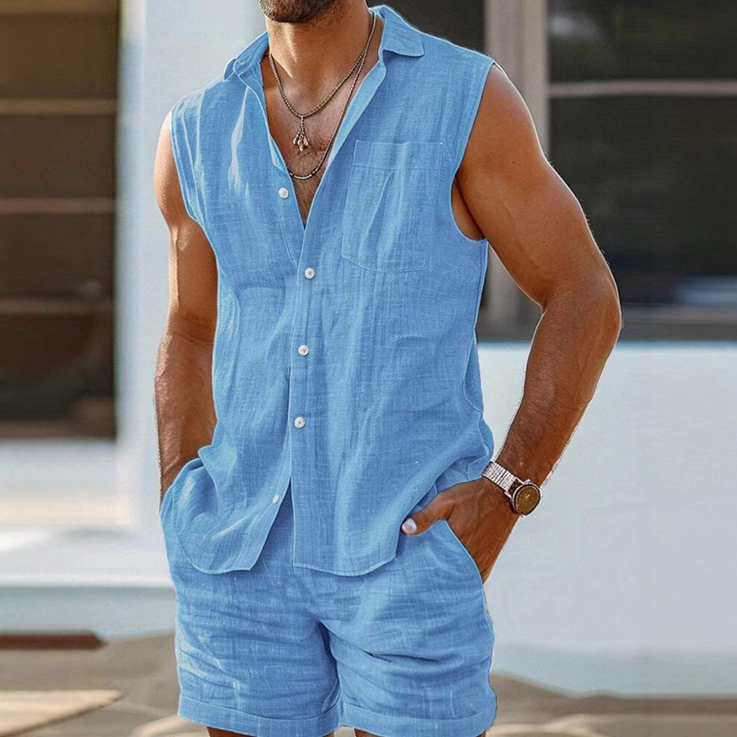 Men's Two-Piece Set in Blended Cotton – Open Collar Shirt, Sleeveless, Lightweight