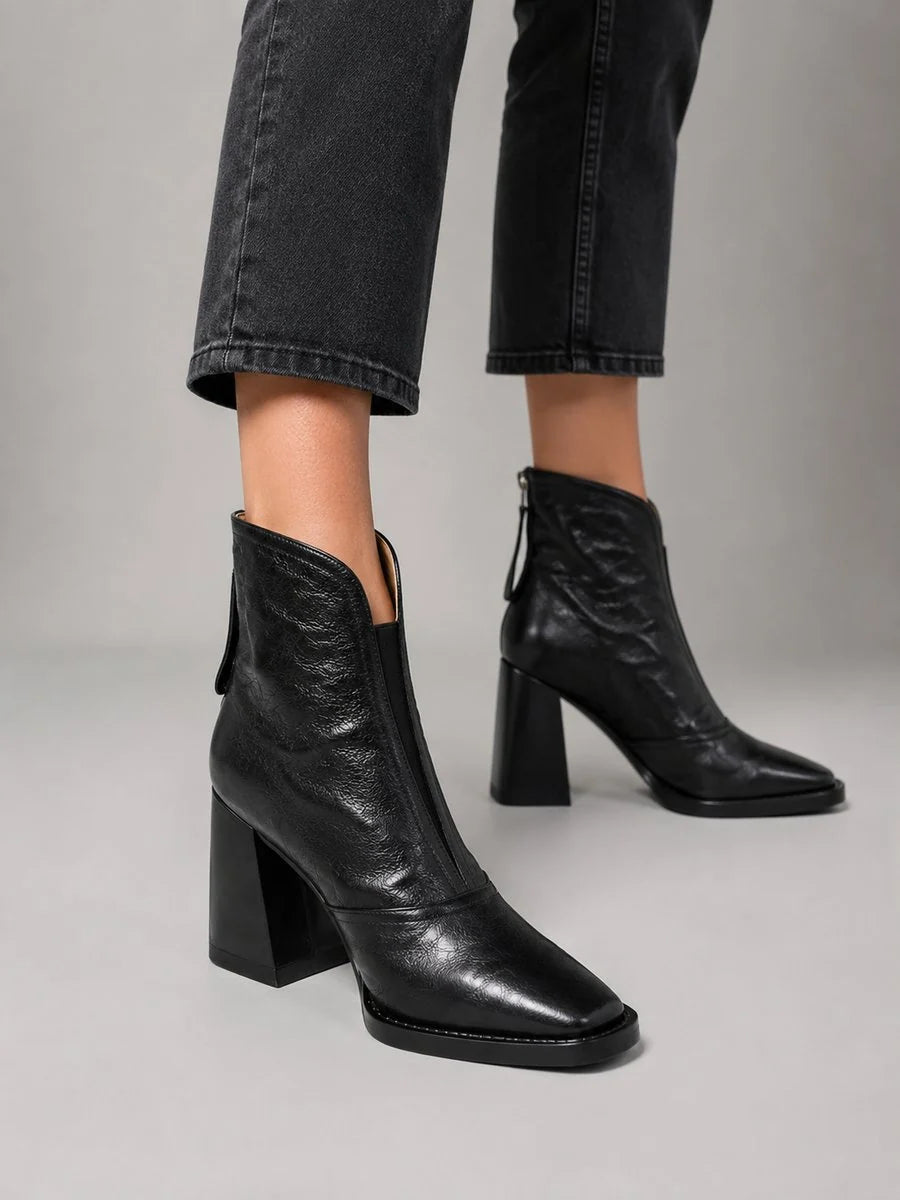Women's Square-Toe Ankle Boots - Faux-leather shaft and block heel