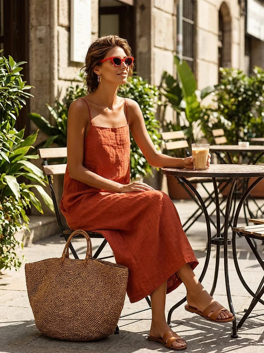Long Dress for Women in Cotton Blend – Loose Fit Square Neckline