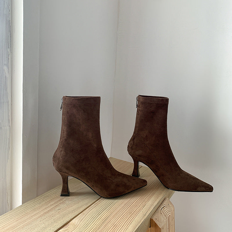 Women's Suede Shaft Ankle Boot – Pointed Toe, Stiletto Heel, Back Zip