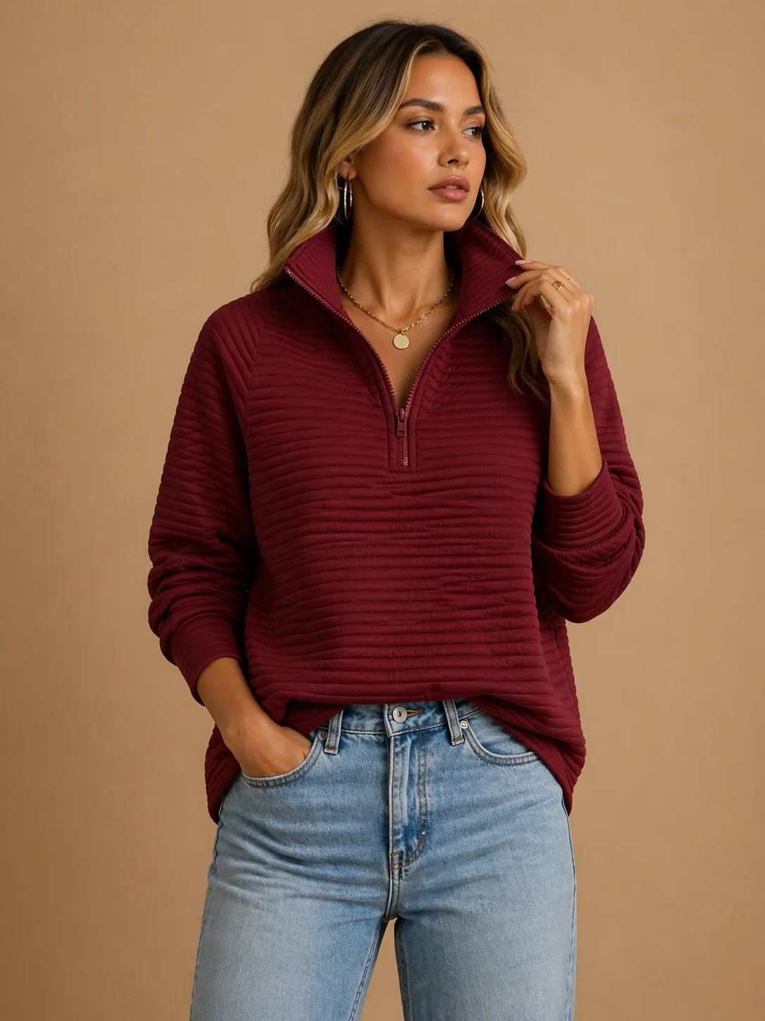 Women's Ribbed Knitwear Sweater – Minimalist Short-Zip Mock Neck