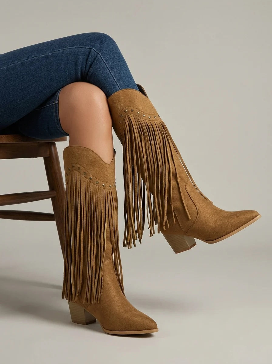 Women's Pointed-Toe High-Top Boots – Stud and Fringe Details