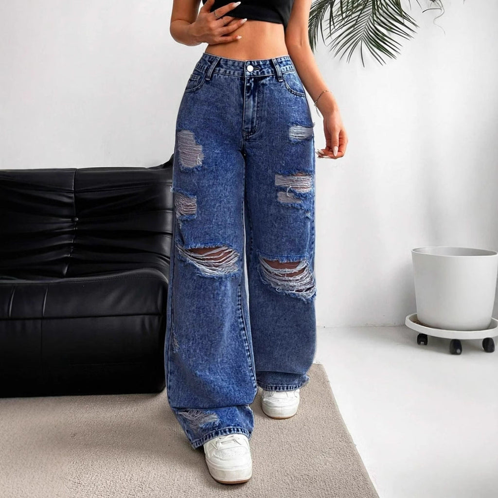 Women's High-Waisted Cotton Jeans – Wide Straight-Leg Distressed Fit