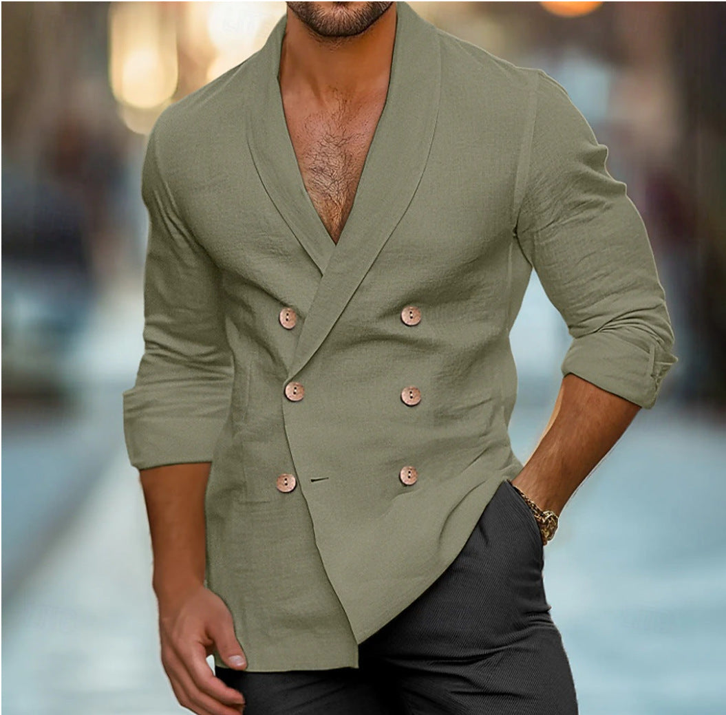 Men's Double-Breasted Blazer – Polo Collar, Casual Fit