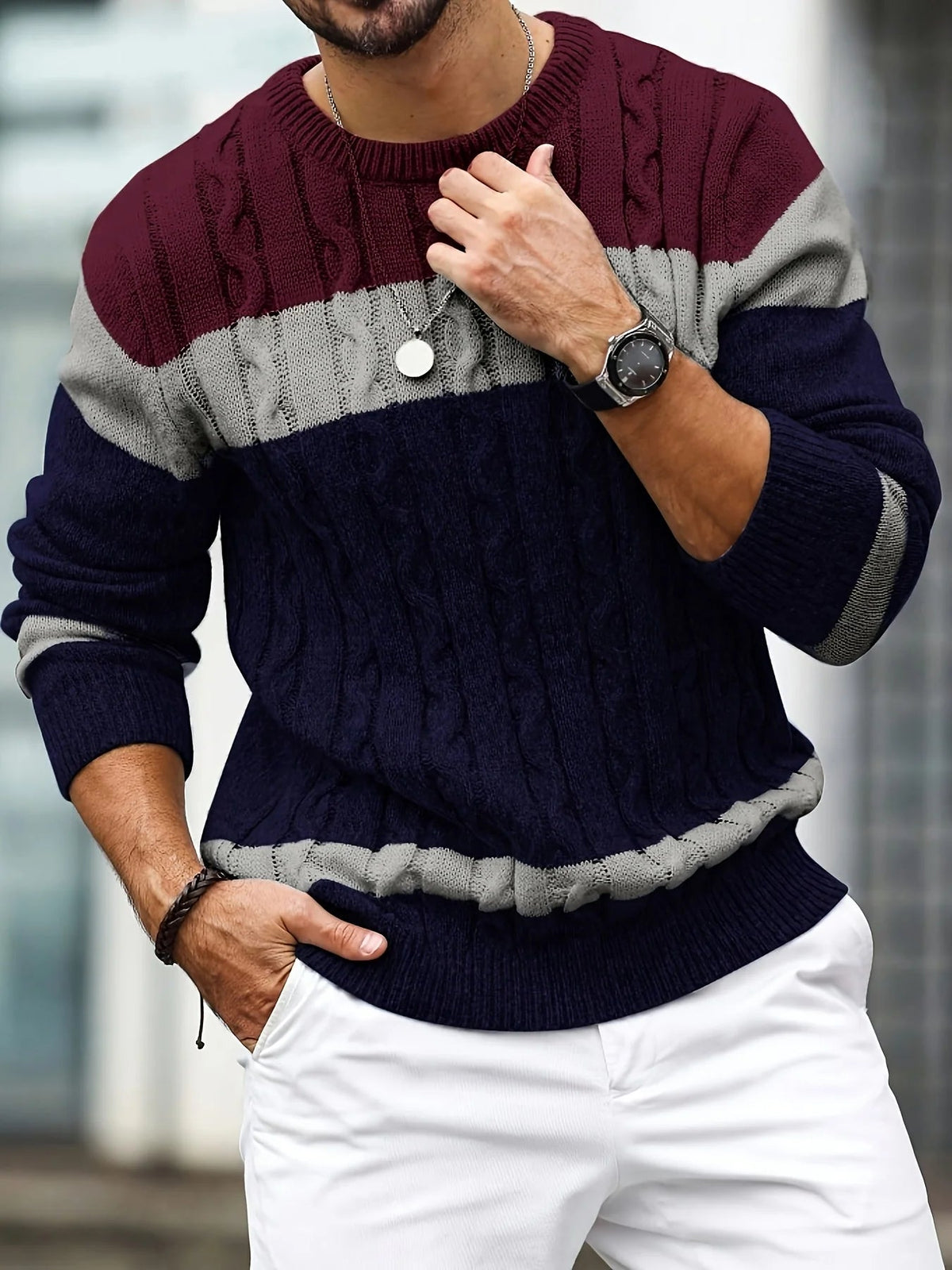 Men's Color Block Sweater – Casual Round-Neck Knitwear