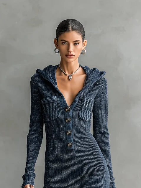 Long Knitted Dress for Women – Fitted Hooded Straight Fit