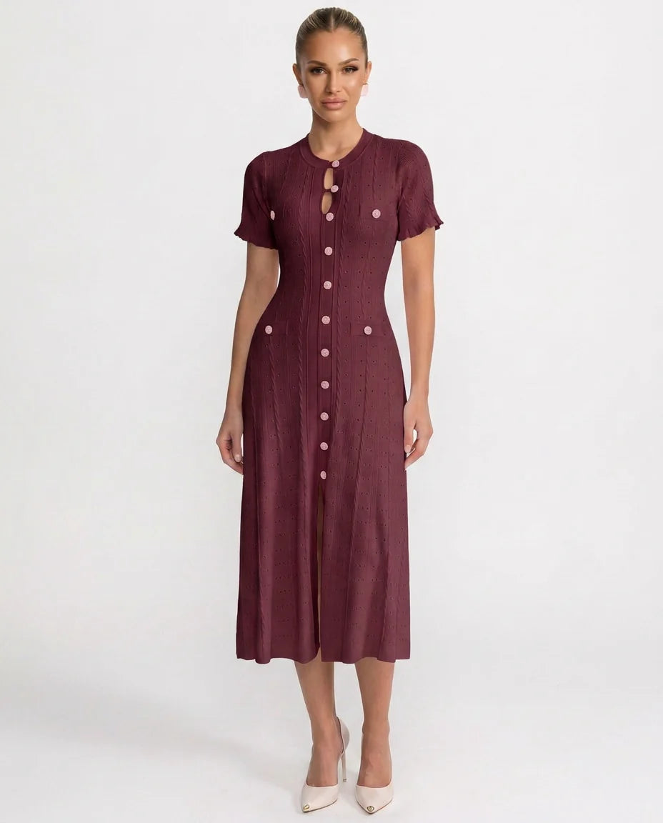 Women's Ribbed Knit Dress – Elegant Button Fastening and Midi Fit