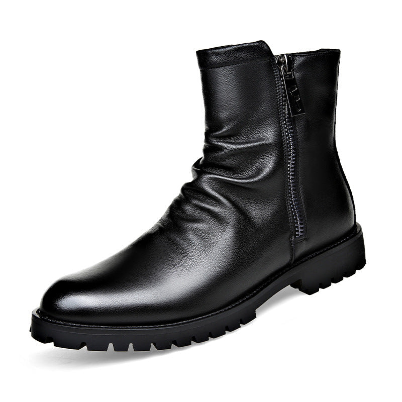 Men's Leather Boots – Patent Finish, Side Zip, Wool Lining